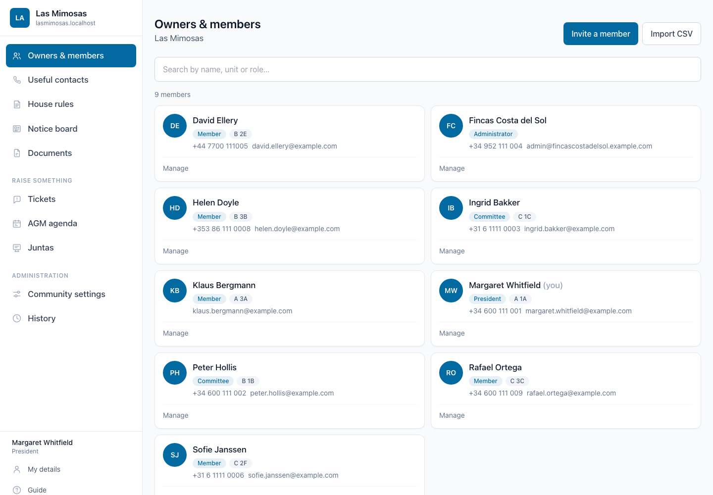 The Vecinto members list for a community, showing owners with their apartment and phone number