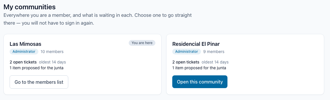 The portfolio screen listing several communities and what is outstanding in each